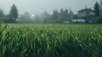 Close-up of dewy grass blades in a misty field with blurred trees and buildings in the background under a grey sky.