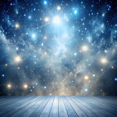 A wooden floor leads into a vast expanse of a starry night sky filled with glowing nebulae and cosmic dust