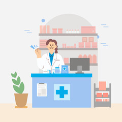 약국 카운터에서 환자를 맞이하는 약사