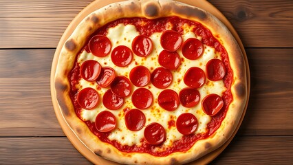 Pepperoni pizza with melted cheese, captured on a rustic wooden background for a delicious appeal.