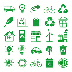 Eco-Friendly Lifestyle Icons Set &ndash; Green Environment Symbols of Sustainability, Renewable Energy, Recycling, Clean Transport, and Nature Conservation for Eco-Conscious Living Designs

