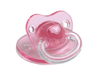 : Orthodontic pacifier isolated on white. Pink baby pacifier isolated on white background