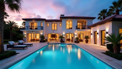 Expensive private villa. Swimming pool in a private house. Evening in a country house. Mansion exterior. Luxury villa with swimming pool.