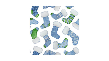 Festive watercolor Christmas stockings pattern in blue and green with cozy fur trim perfect for holiday designs and cheerful seasonal projects