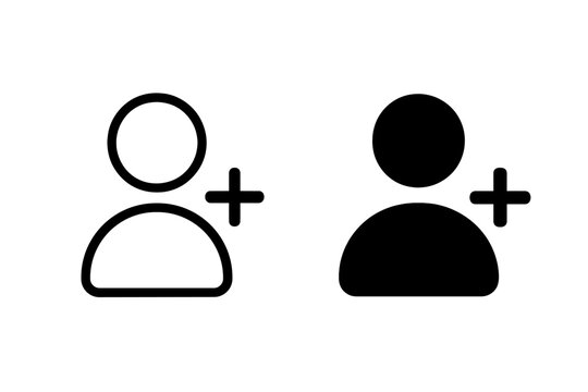 New user account add icon set, outline and glyph style, person silhouette with plus sign, join friend, avatar profile creation, editable vector illustration, isolated on transparent background