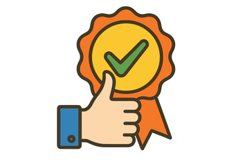Quality approval badge with green check mark and thumbs up icon. Certification, recommendation, endorsement, positive feedback, high rating, product excellence concept vector