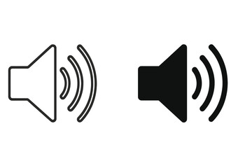 Speaker volume icon pair in outline and solid style with sound waves, audio loudspeaker symbol for media player controls, mobile app buttons, UI UX web design, vector illustration