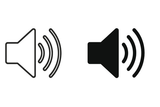 Speaker volume icon pair in outline and solid style with sound waves, audio loudspeaker symbol for media player controls, mobile app buttons, UI UX web design, vector illustration