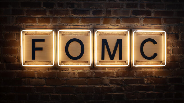 Illuminated fomc letters on brick wall represent economic policy decisions