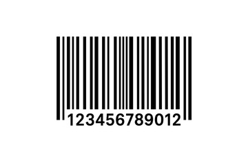 UPC EAN barcode icon with numbers 123456789012, black linear product code for retail checkout scanning, inventory tracking, packaging label tag, isolated on white background