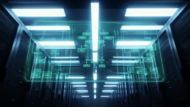 A futuristic server room's glowing data streams illuminate the corridor between rows of high-tech equipment.