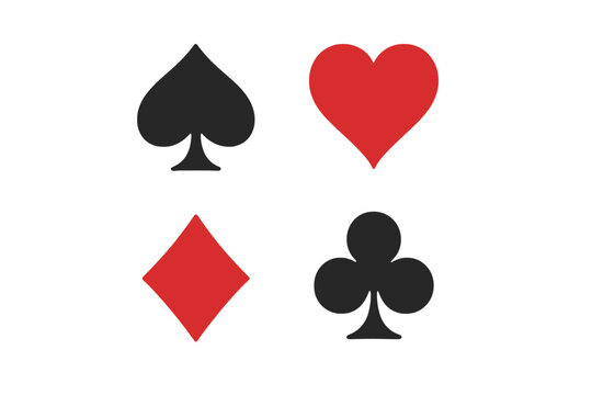 Playing card suit icons set with black spade club and red heart diamond symbols, flat vector illustration, isolated transparent background for poker game, gambling design elements