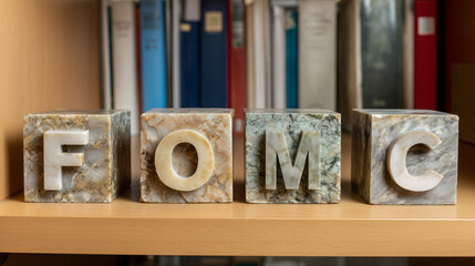 Fomc letters on marble blocks sitting on shelf with books in the background