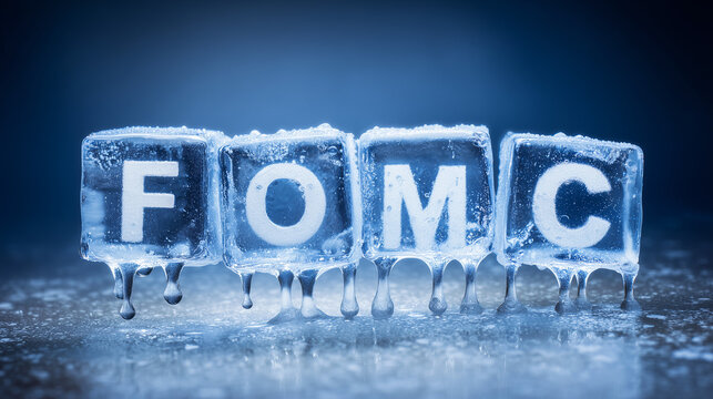 Fomc letters encased in melting ice cubes symbolizing economic decisions