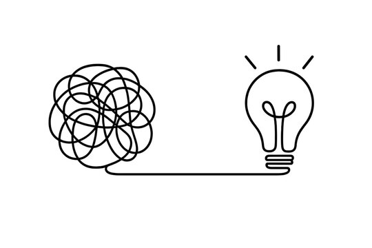 Continuous one line art chaotic scribble turning into light bulb, metaphor for simplifying complexity, problem solving, creativity, innovation, clarity from chaos concept
