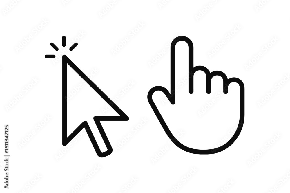 Fototapete mouse click cursor icons collection, outline arrow pointer and hand finger click symbol, line style 