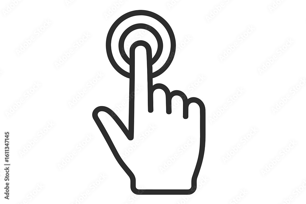 Poster hand pointer clicking round button icon outline. finger tap gesture click action for touchscreen, mo