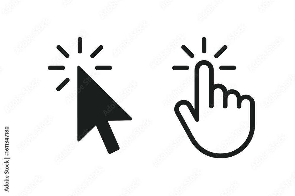 Poster click cursor icons set, black arrow pointer and hand tap symbol with click rays, flat web interface 