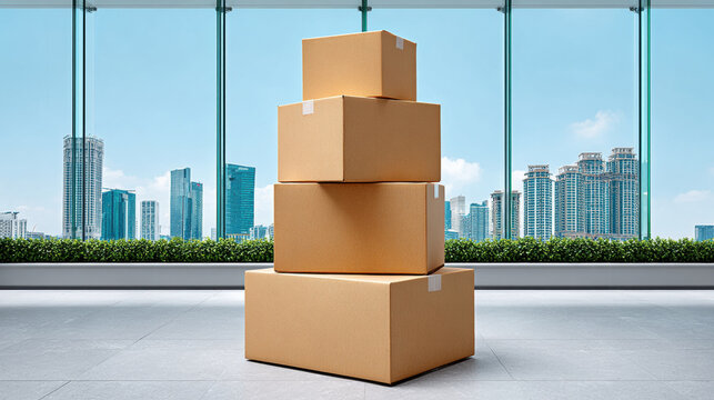 Stack of moving boxes arranged neatly by glass wall, overlooking vibrant city skyline. scene conveys sense of organization and readiness for relocation