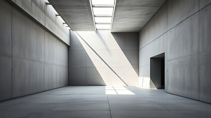 Obraz premium A monochrome concrete interior with clean lines and geometric shadows, illuminated by natural skylight.