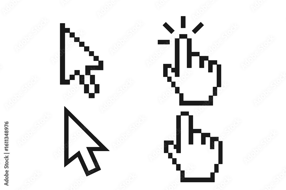 Aufkleber mouse cursor icon set with pixel arrow pointer and 8-bit hand click cursors, retro computer pointer 