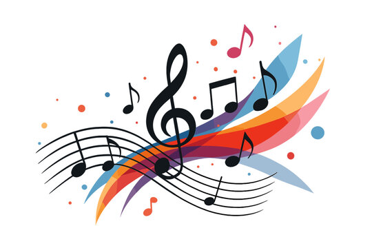 Colorful abstract music notes background vector illustration with treble clef, flowing staff lines, vibrant rainbow sound wave, dynamic melody swirl design isolated on white