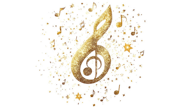 a golden musical note surrounded by smaller notes on white background