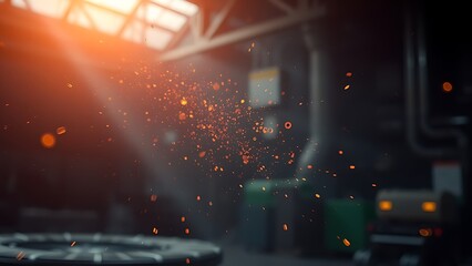Obraz premium Abstract sparks and molten metal particles mid-air in a dark industrial environment, glowing orange highlights with motion blur.