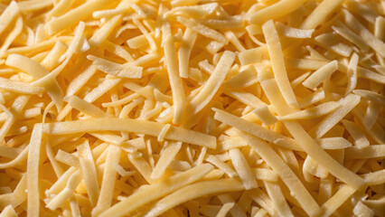 Freshly grated cheese pile showcases delightful texture and color, perfect for enhancing various dishes. This macro image captures fine strands of cheese, inviting culinary creativity