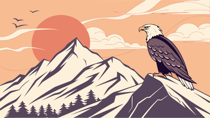 Bald eagle perched on mountain peak illustration with sunset and clouds vector graphic design