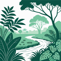 Serene Green Jungle River Landscape Illustration