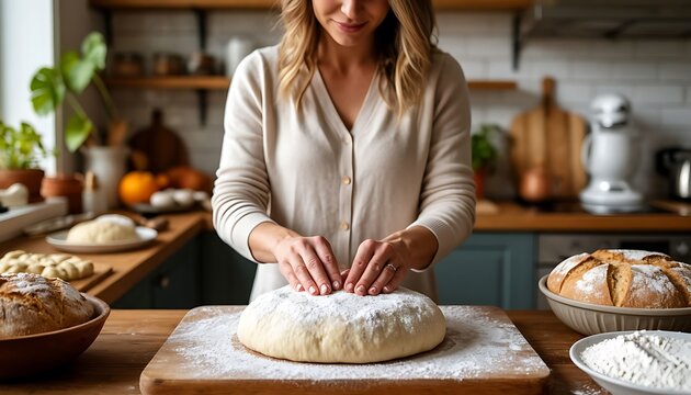 Baker gently pressing fresh dough on wooden cutting board, surrounded by other loaves and ingredients, creating homemade bread in cozy kitchen