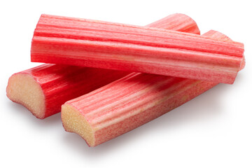 Cuts of red rhubarb stem on white background. File contains clipping path.