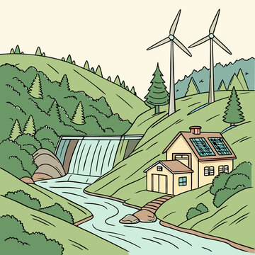 Serene Landscape with Waterfall, Wind Turbines, and Solar House