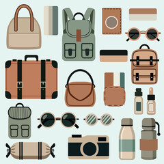 Modern travel essentials vector clipart set with backpacks, bags, sunglasses, bottles, camera, and accessories in earthy tones. Ideal for stickers, planners, packing lists, or adventure themes. © Carrie