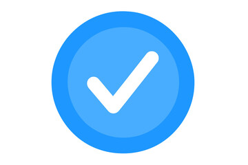Blue check verification badge icon, social media verified account symbol, approved profile sign, white tick in blue circle, trust badge vector isolated on transparent background