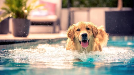 A Lively Figure Under the Sun: A Small Dog Swimming in an Outdoor Pool, with Summer Healing Power Hiding in the Splashes