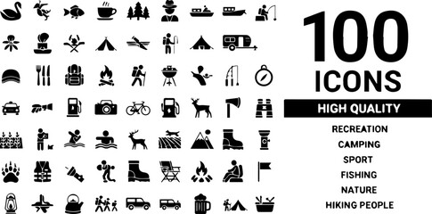Collection of 100 high quality recreation, camping, sport, fishing, nature, hiking people icons on white background