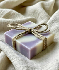 Lavender Soap Bar Wrapped with Jute Rope on Linen Fabric