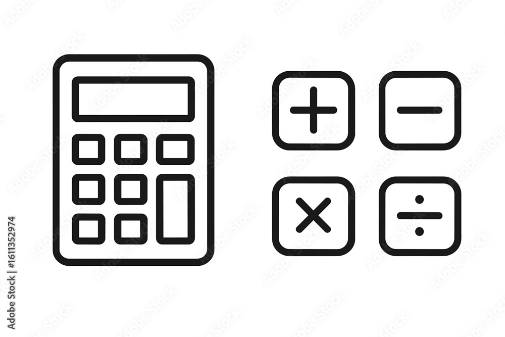Poster calculator icon set with mathematical operation symbols for app ui interface design. math arithmetic