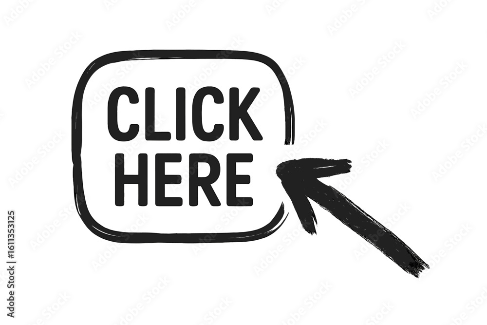 Poster click here button with hand drawn arrow call to action sticker. web design ui element for website, s