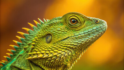 Fototapeta premium Close up of vibrant reptile showcasing sharp scales and intricate textures, set against warm, blurred background. image captures unique features and colors of creature, evoking sense of wonder