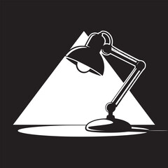 A black and white illustration of a desk lamp illuminating a triangular area on a black background