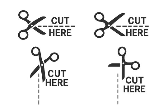 Cut here scissors icon set with dashed trim lines symbols for product packaging coupon borders ticket voucher design vector illustration transparent background graphic elements
