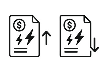 Electricity energy utility bill increase decrease symbol. Power consumption cost pricing up down arrows. Invoice document icons vector illustration transparent background