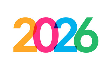 Bold multicolor “2026” typography, vibrant overlapping digits, modern cut-out design for New Year greeting cards, posters, web banners, calendars, party invitations, holiday marketing visuals