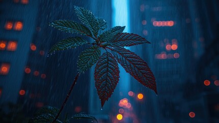 Plant life against city lights in a rain storm