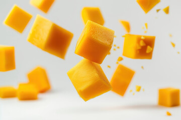 Floating mango cubes on a white background, highlighting their vibrant yellow color and juicy, fresh texture.