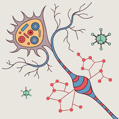 Stylized Neuron Illustration with Synapses and Virus Particles