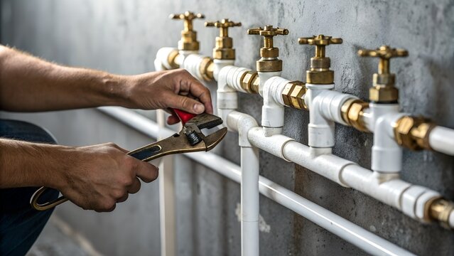 Plumber tightening pipe fittings with wrench on water supply lines
